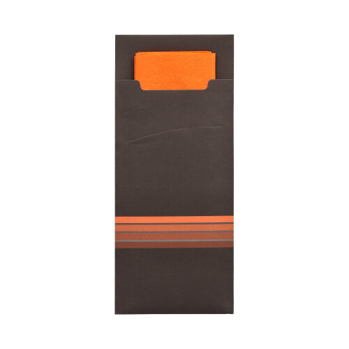 Bestecktaschen 20 cm x 8,5 cm schwarz/orange "Stripes" inkl. farbiger Serviette 33 x 33 cm 2-lag.