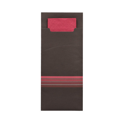 Bestecktaschen 20 cm x 8,5 cm schwarz/bordeaux "Stripes" inkl. farbiger Serviette 33 x 33 cm 2-lag.