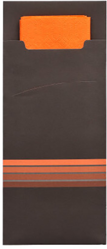 Bestecktaschen 20 cm x 8,5 cm schwarz/orange "Stripes" inkl. farbiger Serviette 33 x 33 cm 2-lag.