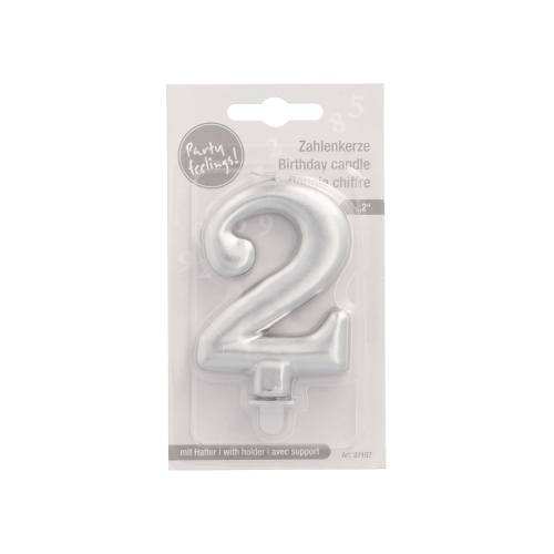 Zahlenkerze mit Halter 7 cm silber "2"
