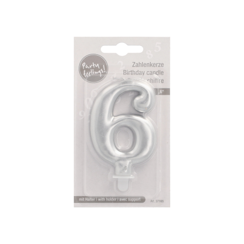 Zahlenkerze mit Halter 7 cm silber "6"