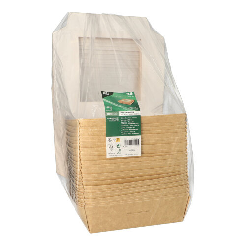 Feinkostboxen, Pappe mit Sichtfenster aus PLA eckig 1500 ml 19 cm x 19 cm x 5 cm braun