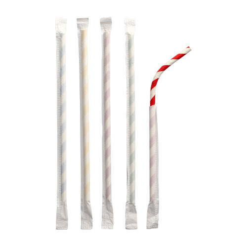Trinkhalme, flexibel, Papier Ø 6 mm · 20 cm rot/weiss "Stripes" einzeln gehüllt