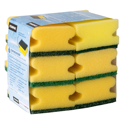 Topfreiniger, Schwamm eckig 4,1 cm x 9,5 cm x 6,8 cm gelb/grün mit Griffrille, kratzend