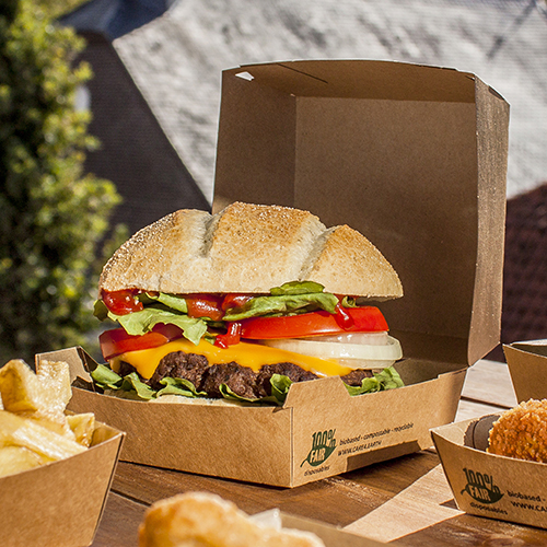 Burgerboxen, Pappe 8,5 cm x 15,5 cm x 15,5 cm braun "100% Fair" extra groß