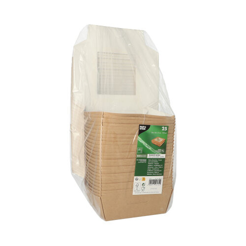 Feinkostboxen, Pappe mit Sichtfenster aus PLA eckig 750 ml 14 cm x 14 cm x 5 cm braun