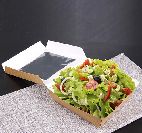 Feinkostboxen, Pappe mit Sichtfenster aus PLA eckig 1500 ml 19 cm x 19 cm x 5 cm braun