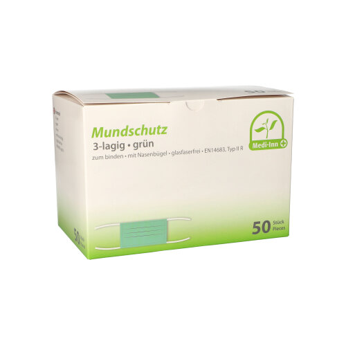 "Medi-Inn" Mundschutz Type IIR 3-lagig 9 cm x 17,5 cm grün mit Nasenbügel, zum Binden