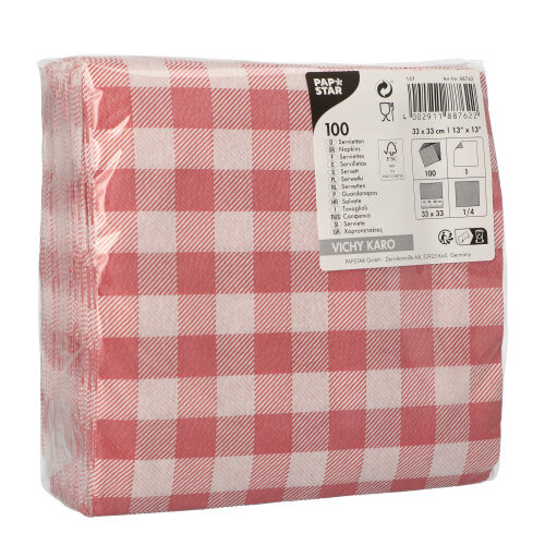 Servietten, 1-lagig 1/4-Falz 33 cm x 33 cm rot/weiss "Vichy Karo"