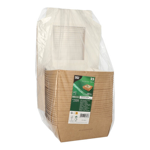Feinkostboxen, Pappe mit Sichtfenster aus PLA eckig 1000 ml 16 cm x 16 cm x 5 cm braun
