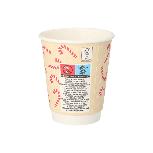 Trinkbecher, Pappe 0,2 l Ø 8 cm · 9,3 cm "Candy Canes " doppelwandig