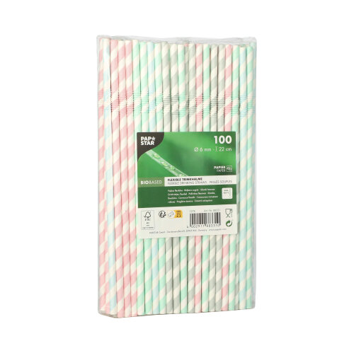 Trinkhalme, Papier Ø 6 mm · 22 cm farbig sortiert "Stripes" flexibel