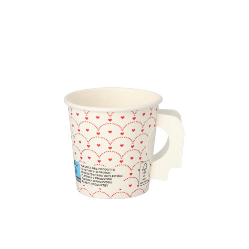 Trinkbecher mit Henkel, Pappe 0,1 l Ø 6,3 cm · 6,2 cm weiss "Hjärtan"