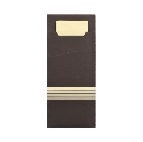 Bestecktaschen 20 cm x 8,5 cm schwarz/creme "Stripes" inkl. farbiger Serviette 33 x 33 cm 2-lag.