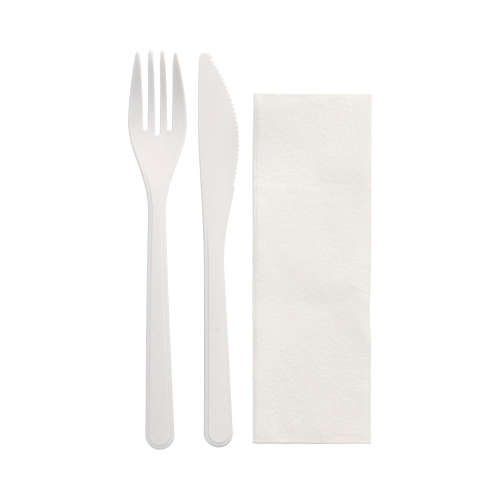 Mehrweg-Bestecksets PP-MF 22 cm weiss : Messer, Gabel, Serviette in Folienbeutel