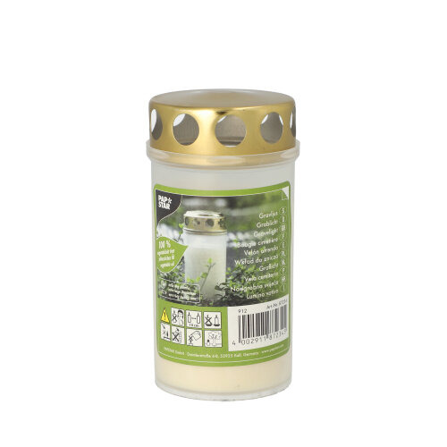 Öl-Licht T3, 100 % Pflanzenfett Ø 6,5 cm · 12,5 cm weiss transparente Hülle, mit Golddeckel