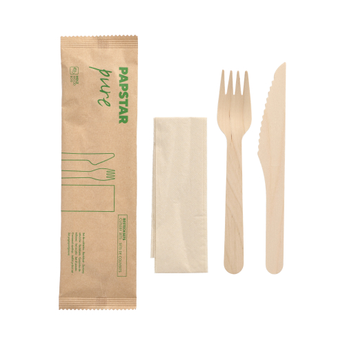 Besteckset, Holz "pure" : Messer, Gabel, Serviette in Papierbeutel
