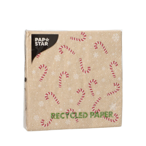 Servietten, 3-lagig 1/4-Falz 25 cm x 25 cm natur "Candy Canes" aus recyceltem Papier
