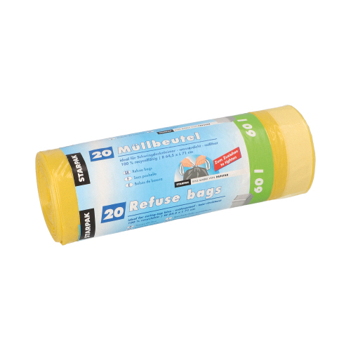 Müllbeutel mit Zugband, LDPE 60 l 71 cm x 64,5 cm gelb 20 my