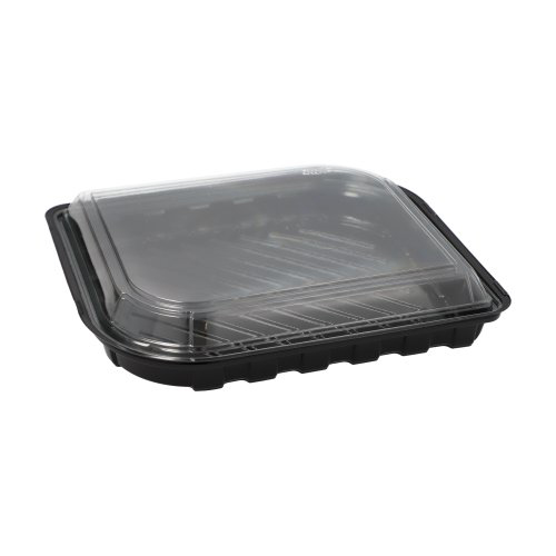 Sushi-Schalen R-PET rechteckig 21 cm x 18 cm x 4,3 cm schwarz mit transparentem Deckel