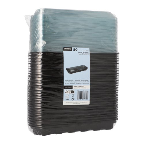Sushi-Schalen PET rechteckig 21 cm x 8,8 cm x 4,3 cm schwarz mit transparentem Deckel
