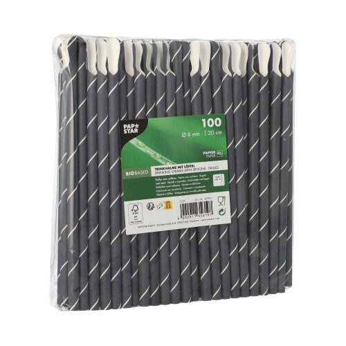 Trinkhalme mit Löffel, Papier Ø 8 mm · 20 cm schwarz/weiss "Stripes"