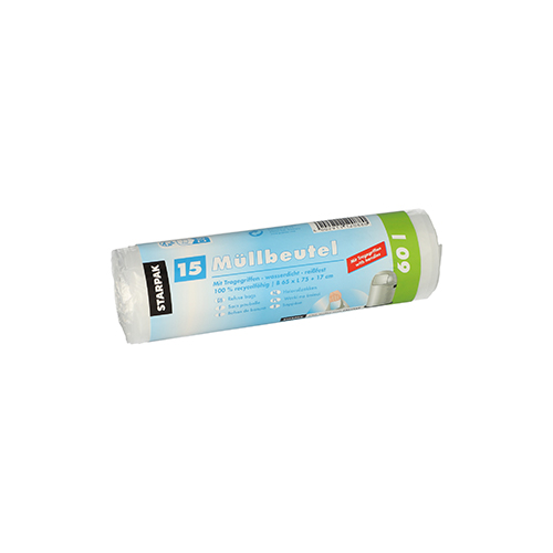 Müllbeutel mit Tragegriffen, HDPE 60 l 75 cm x 65 cm transparent 12 my