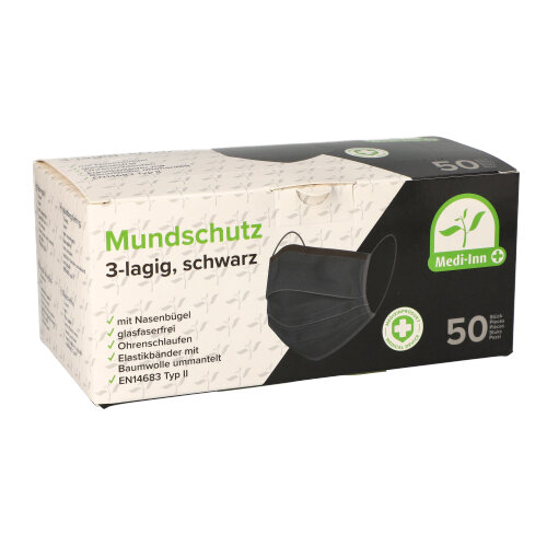 "Medi-Inn®" Mundschutz Type II 3-lagig 9 cm x 17,5 cm schwarz mit Nasenbügel