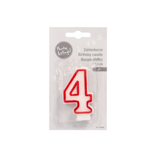 Zahlenkerze 7,3 cm weiss "4" mit rotem Rand