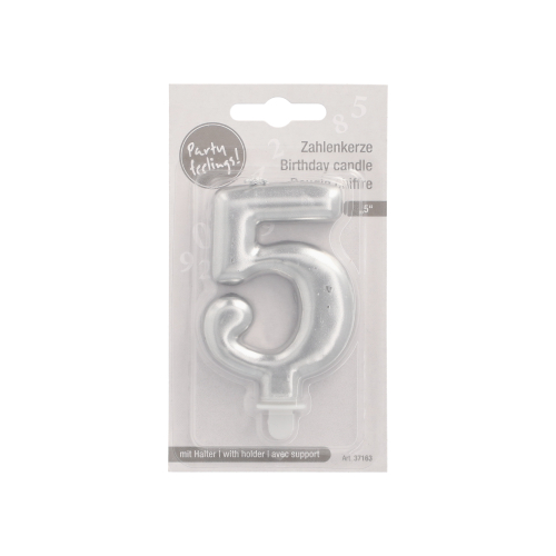 Zahlenkerze mit Halter 7 cm silber "5"