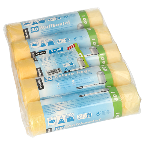Müllsäcke mit Zugband, HDPE 60 l 71 cm x 64 cm gelb Müllsäcke mit Zugband, HDPE 60 l 71 cm x 64 cm gelb
