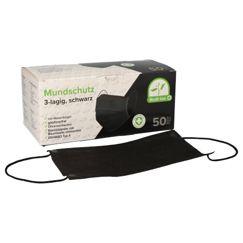 "Medi-Inn" Mundschutz Type II 3-lagig 9 cm x 17,5 cm schwarz mit Nasenbügel "Medi-Inn" Mundschutz Type II 3-lagig 9 cm x 17,5 cm schwarz mit Nasenbügel