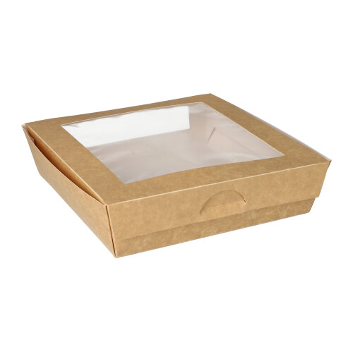 Feinkostboxen, Pappe mit Sichtfenster aus PLA eckig 1500 ml 19 cm x 19 cm x 5 cm braun