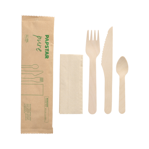 Bestecksets Holz "pure" : Messer, Gabel, Kaffeelöffel, Serviette in Papierbeutel
