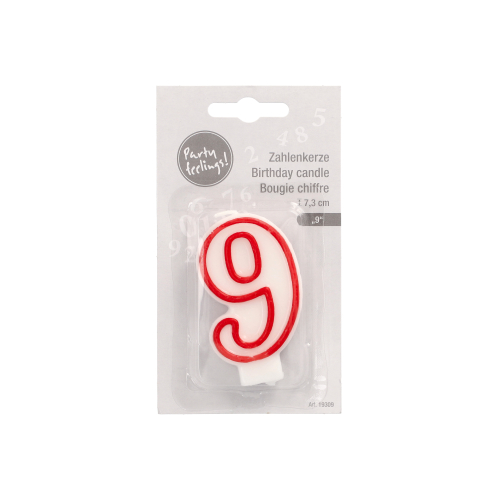 Zahlenkerze 7,3 cm weiss "9" mit rotem Rand