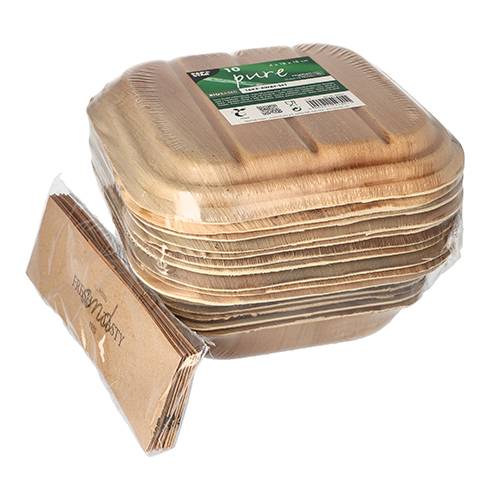 Trays, Palmblatt "pure" eckig 500 ml 6,5 cm x 20 cm x 20 cm mit Deckel und Banderole