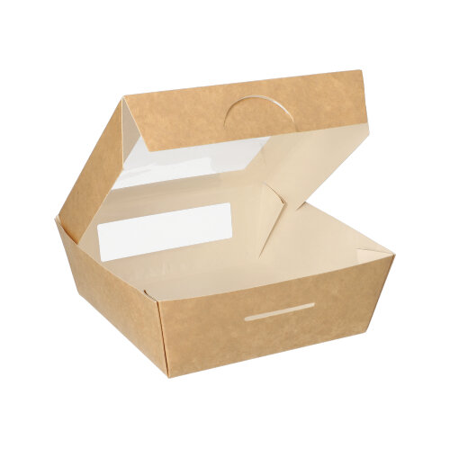 Feinkostboxen, Pappe mit Sichtfenster aus PLA eckig 750 ml 14 cm x 14 cm x 5 cm braun Feinkostboxen, Pappe mit Sichtfenster aus PLA eckig 750 ml 14 cm x 14 cm x 5 cm braun