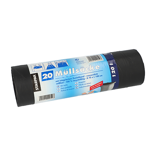 Müllsäcke mit Zugband, LDPE 120 l 100 cm x 70 cm schwarz 45 my