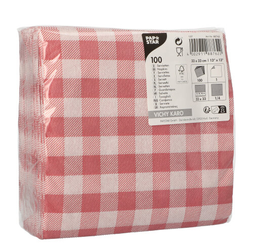 Servietten, 1-lagig 1/4-Falz 33 cm x 33 cm rot/weiss "Vichy Karo"