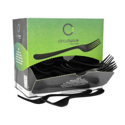 "Circulware" Mehrweg-Gabeln PP-MF 19 cm schwarz "Gaia" extra stabil, in Spenderbox