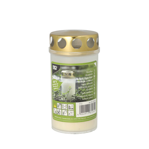 Öl-Licht T3, 100 % Pflanzenfett Ø 6,5 cm · 12,5 cm weiss transparente Hülle, mit Golddeckel