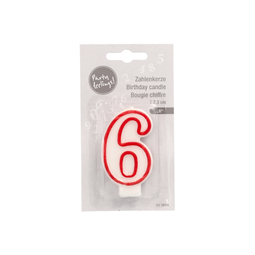 Zahlenkerze 7,3 cm weiss "6" mit rotem Rand