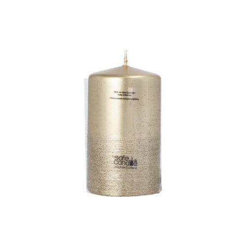 Stumpenkerze "Safe Candle" Ø 60 mm · 100 mm gold "Fia" einzeln cellophaniert