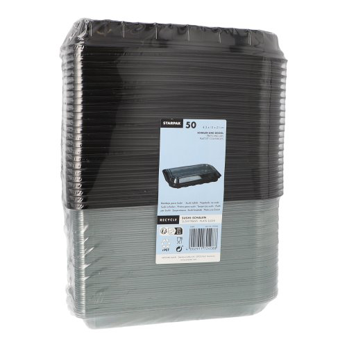 Sushi-Schalen PET rechteckig 21 cm x 13 cm x 4,3 cm schwarz mit transparentem Deckel