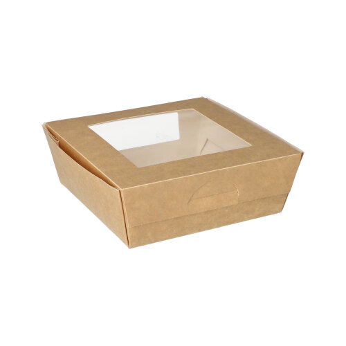 Feinkostboxen, Pappe mit Sichtfenster aus PLA eckig 750 ml 14 cm x 14 cm x 5 cm braun
