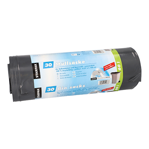 Müllsäcke, LDPE 60 l 100 cm x 57 cm schwarz extra stark und extra reißfest, 70 my