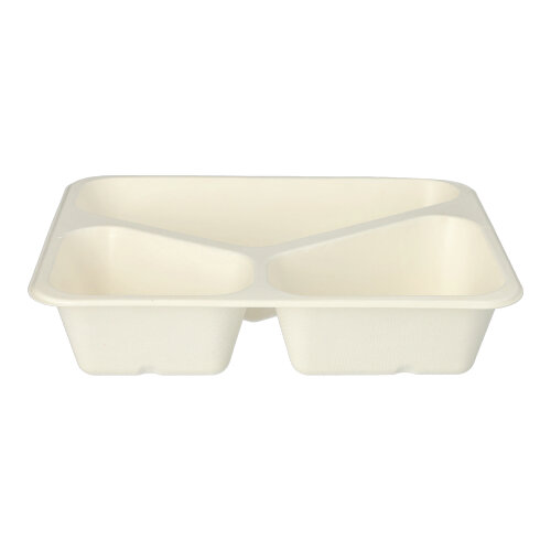 Siegelschalen Zuckerrohr, PLA beschichtet 3-geteilt 1000 ml 4,9 cm x 22,7 cm x 17,8 cm