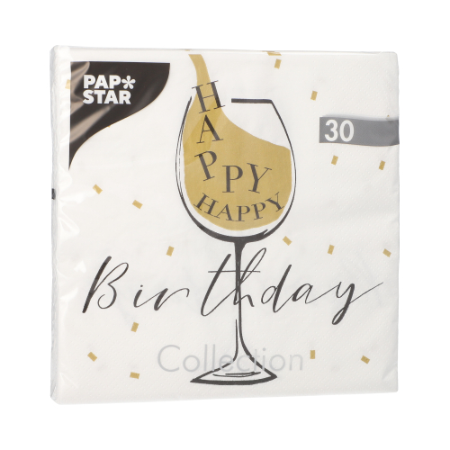 Servietten, 3-lagig 1/4-Falz 33 cm x 33 cm weiss "Happy Birthday"