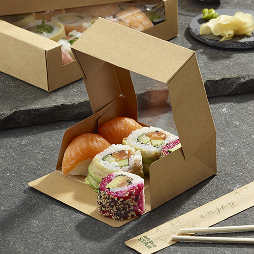 Sushi-Schalen, Pappe eckig 4,5 cm x 12 cm x 10 cm braun