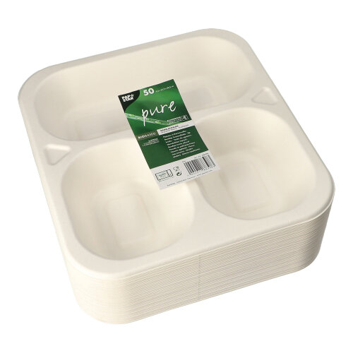 Siegelschalen Zuckerrohr 3-geteilt 1350 ml 4,2 cm x 24,5 cm x 26,5 cm weiss